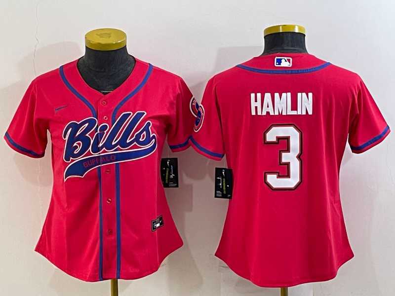 Women%27s Buffalo Bills #3 Damar Hamlin Red With Patch Cool Base Stitched Baseball Jersey